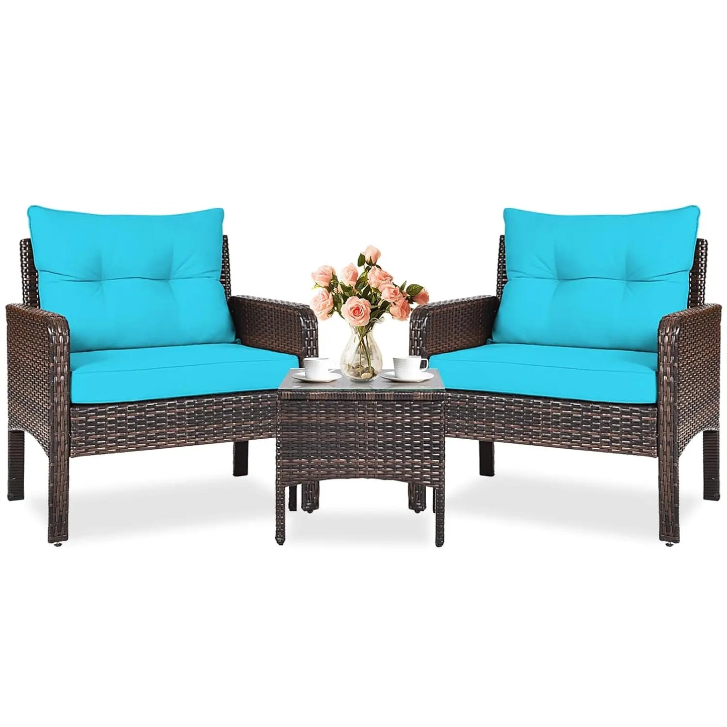 3-Piece Outdoor PE Rattan Bistro Set with Cushions, All-Weather Design