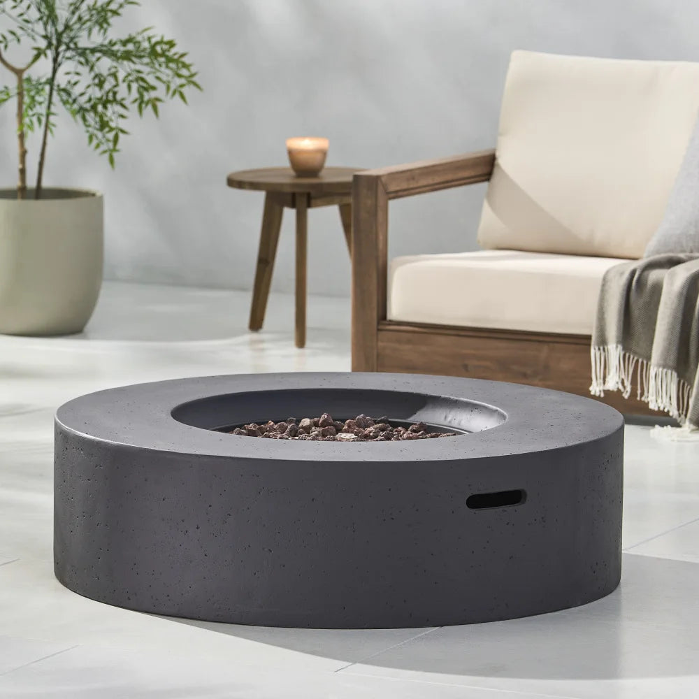 M138 Round Outdoor Concrete Propane Fire Pit-Modern Light Grey for Patio- Garden and Backyard. No Assembly Needed for Camping