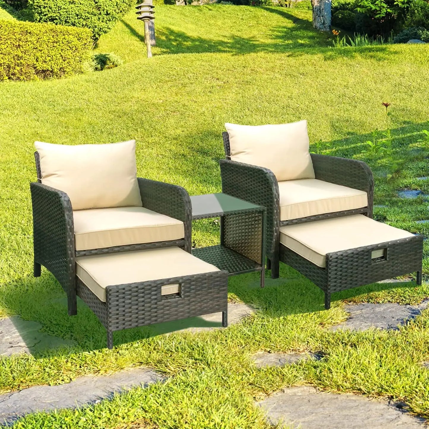 5-Piece Outdoor PE Rattan Conversation Set with Lounge Chairs & Plush Cushions