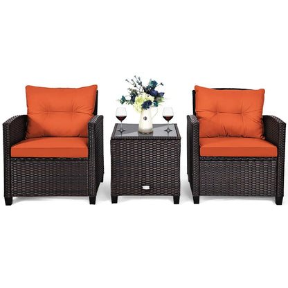 3-Piece Patio Furniture Set – PE Rattan Wicker Sofa Set with Washable Cushions & Tempered Glass Table