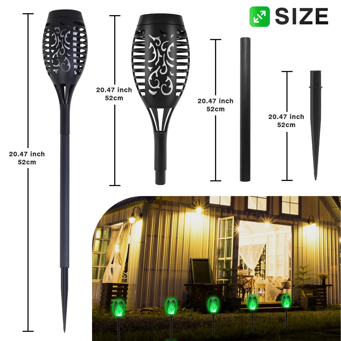 Green Solar Flame Light Outdoor with Flickering Flame, Waterproof, Lawn Ground Inserted Landscape for Garden, Decorations, Yard and Patio