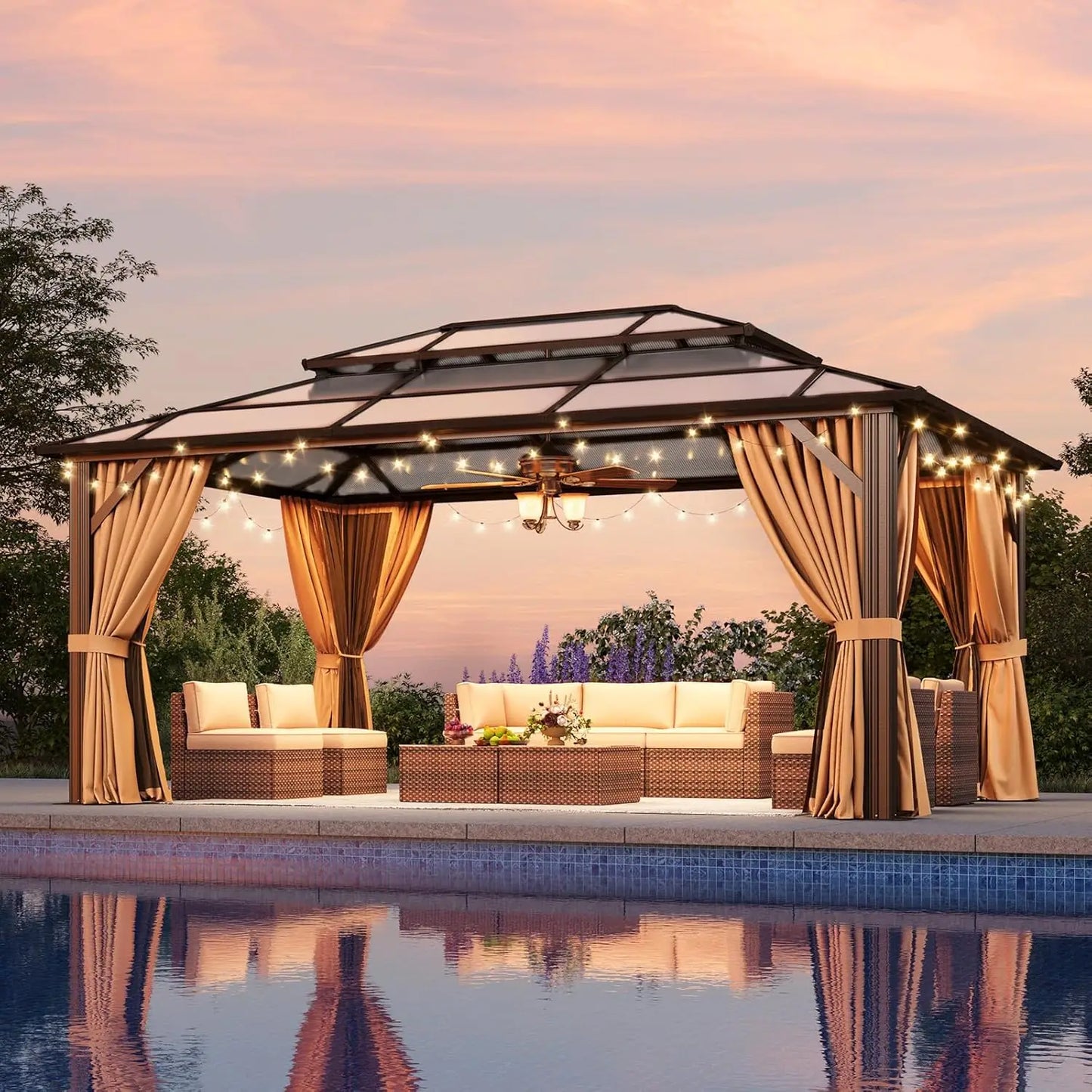 12'x16' Hardtop Gazebo, Outdoor Metal Gazebo with Double Polycarbonate Roof Canopy, Permanent Pavilion with Netting, Customized to Your Liking