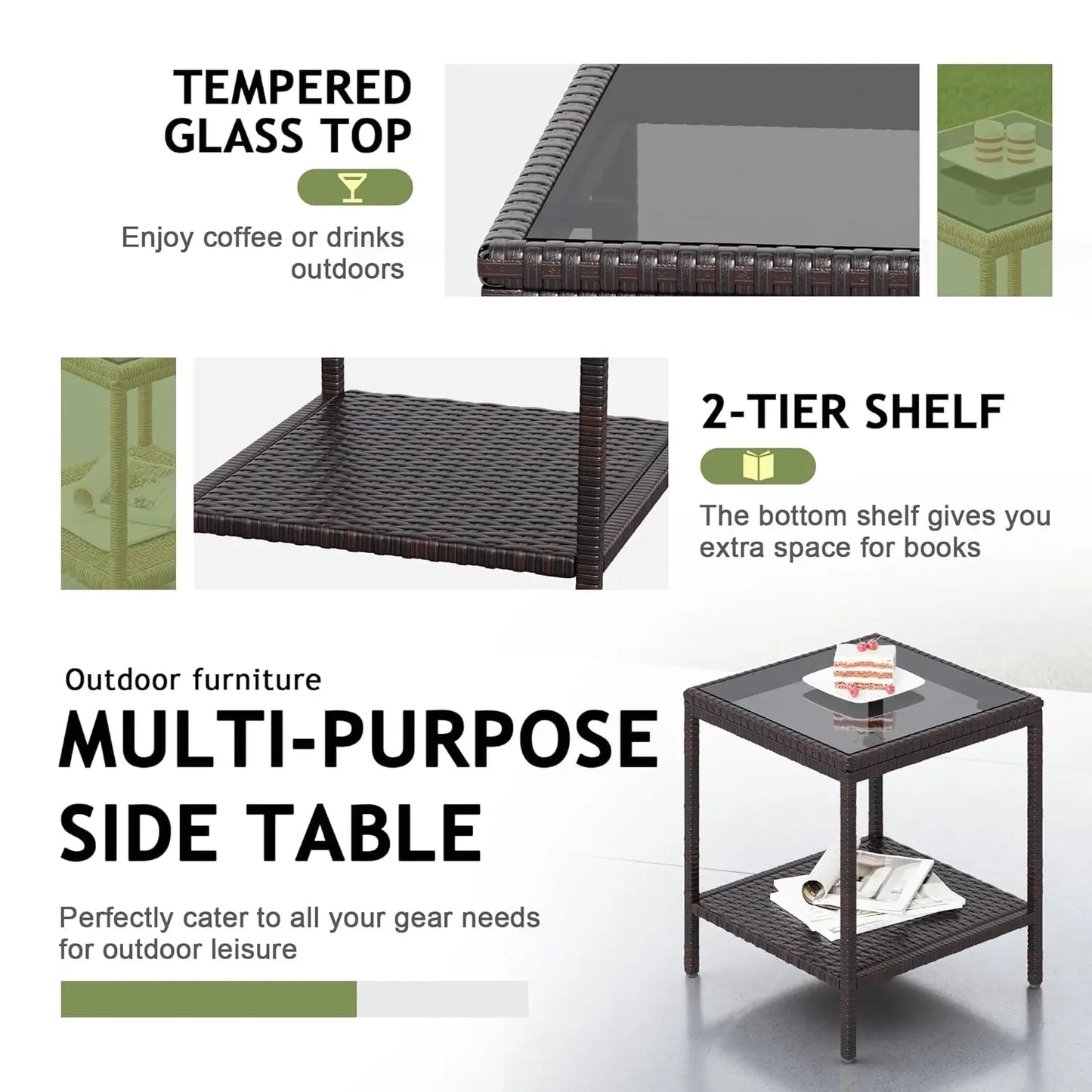 3-Piece Outdoor Patio Furniture Set, Brown/Grey, Wicker Chairs with Glass-Top Coffee Table, for Garden, Balcony & Porch