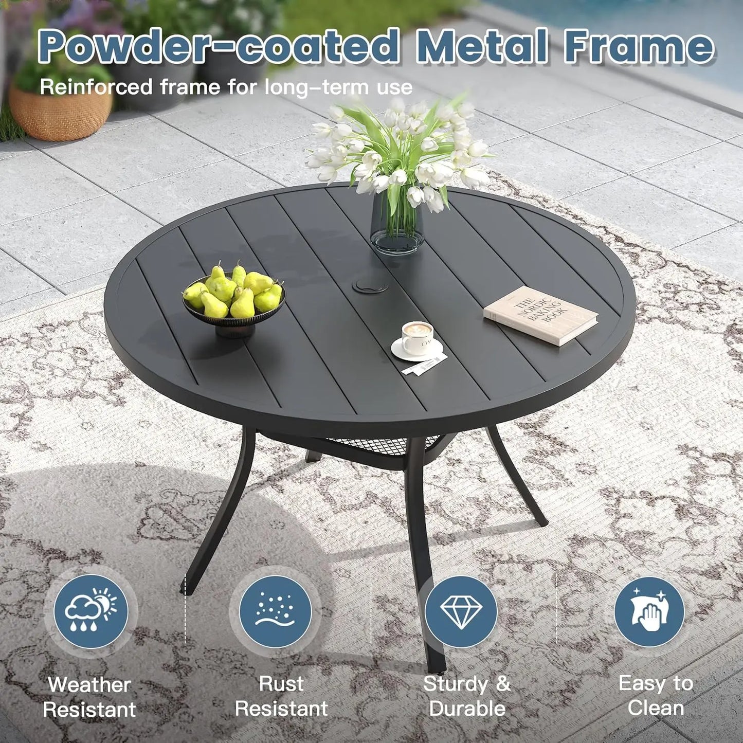 5-Piece Outdoor Dining Set with Textilene Swivel Chairs & 40.6" Round Metal Table