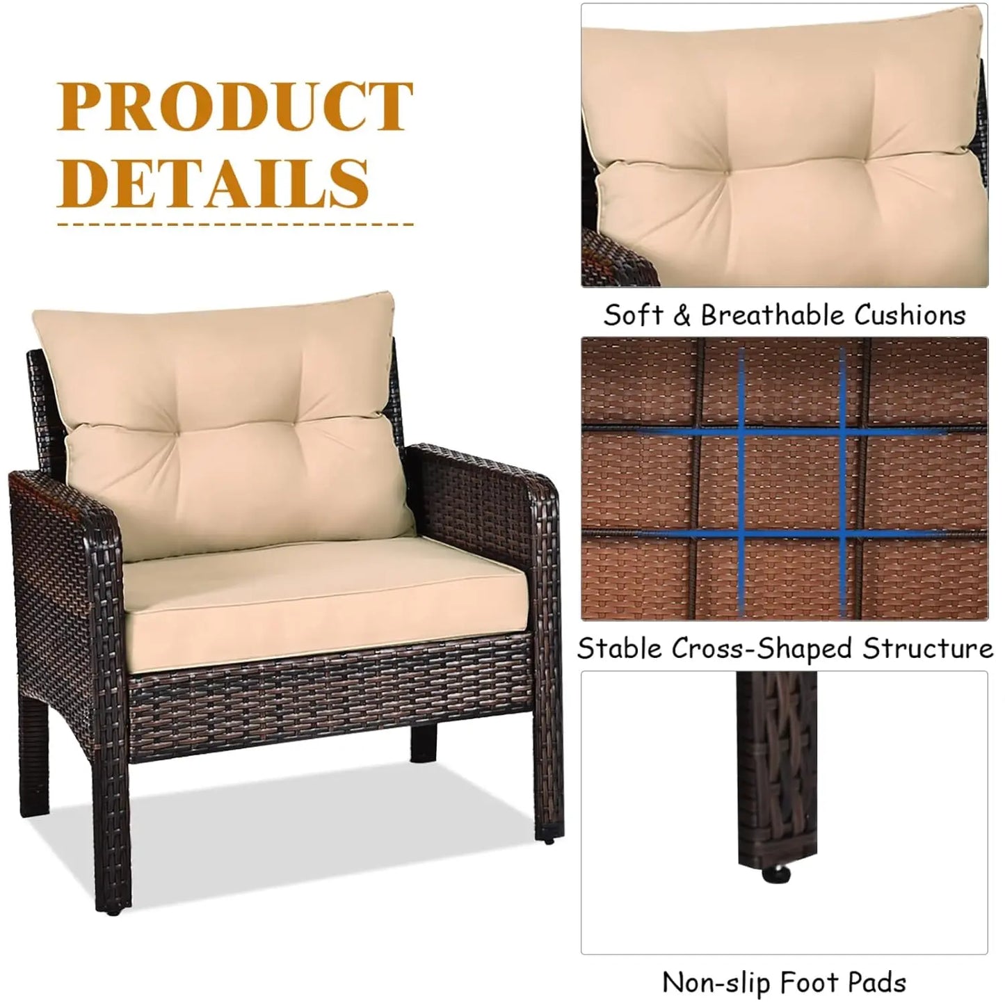 3-Piece Outdoor PE Rattan Bistro Set with Cushions, All-Weather Design