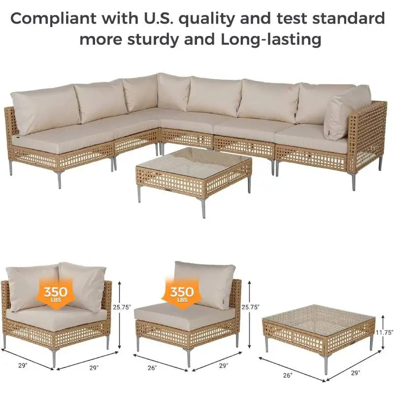 7-Piece Boho Wicker Patio Set – Outdoor Sectional Sofa with Thick Cushions & Coffee Table