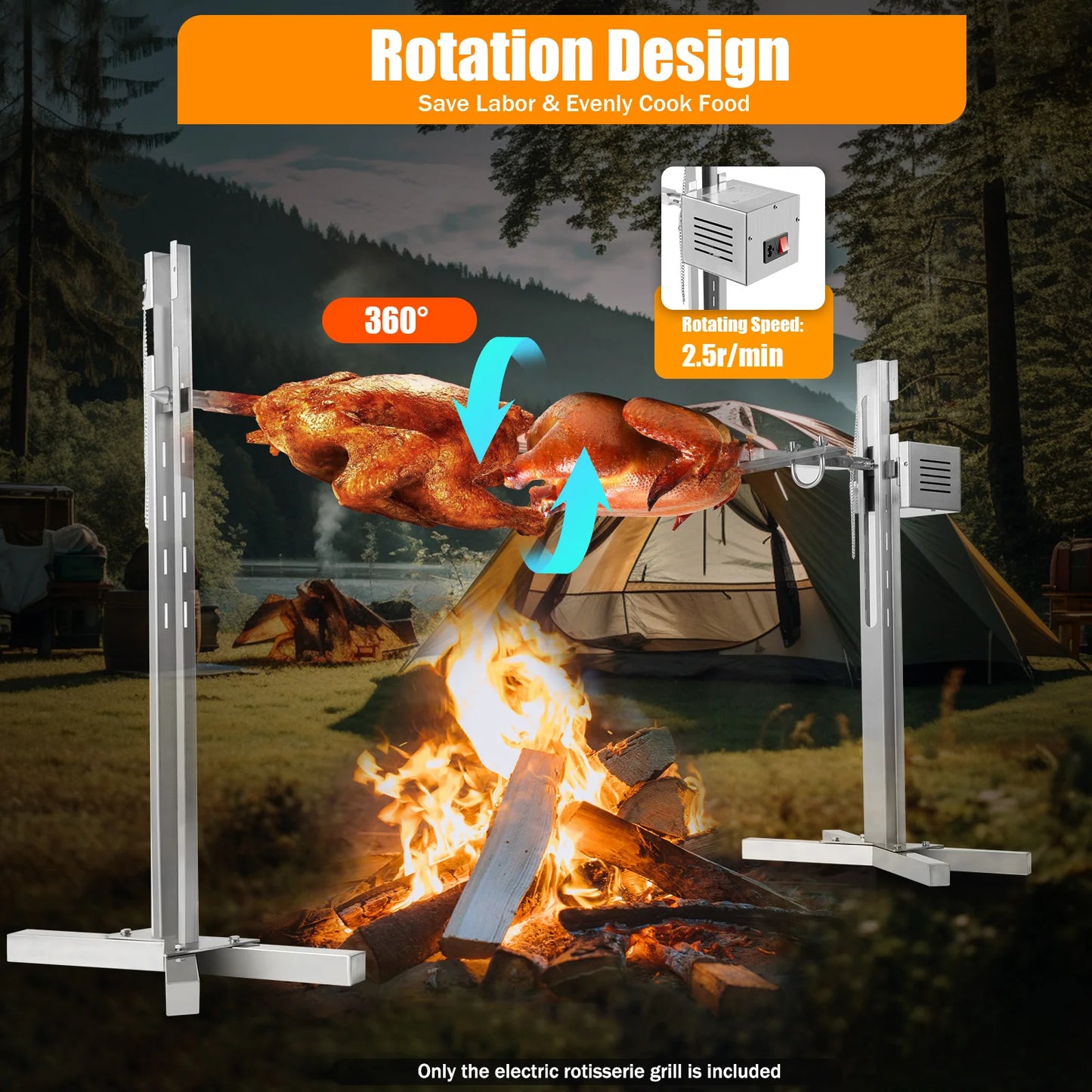 Electric Stainless Steel Rotisserie Grill – 360° Rotation, Adjustable Height for Outdoor Cooking
