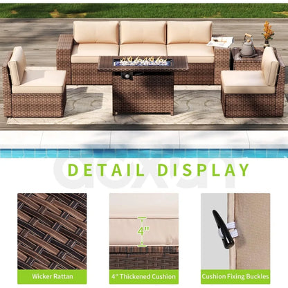 7-Piece Outdoor Patio Furniture Set, Wicker Conversation Set with 44" Fire Pit Table, Thick Cushions