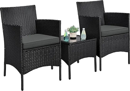3-Piece Outdoor Patio Furniture Set, PE Rattan Wicker Conversation Set with Soft Cushions & Glass Coffee Table