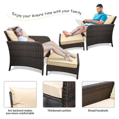 5-Piece Outdoor PE Rattan Conversation Set with Lounge Chairs & Plush Cushions