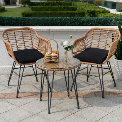3-Piece Outdoor Wicker Bistro Set, 2 Rattan Chairs with Tempered Glass Table