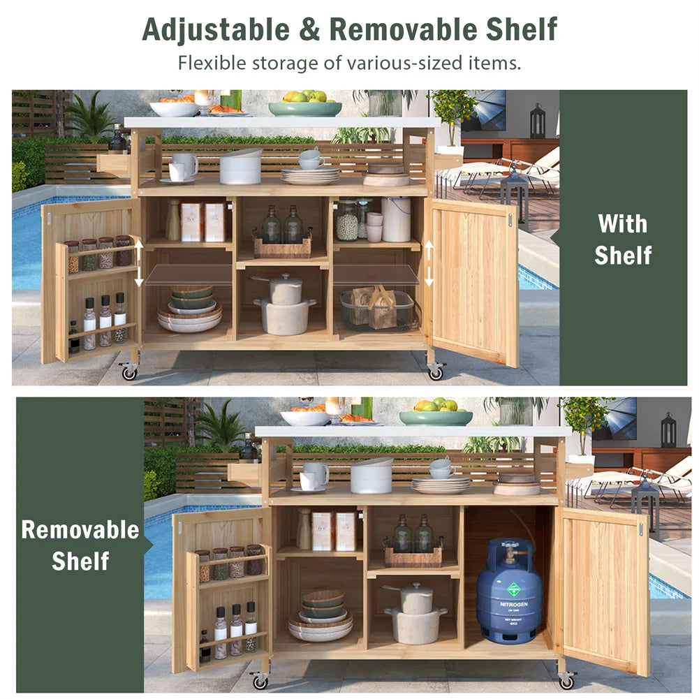 Portable Bar Tables- Outdoor Grill Prep Table with Storage- Tabletop Spice Rack- Internal Storage Racks- 4 Locking Mobile Wheels
