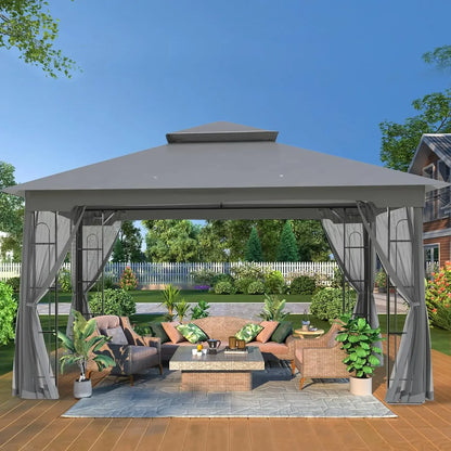 10' x 12' Outdoor Soft-Top Gazebo with Double Roof, Netting & All-Weather Design