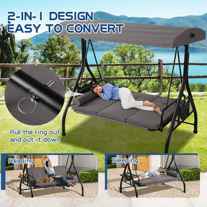 3-Seat Outdoor Patio Porch Swing Glider Bench, Adjustable Canopy, Heavy-Duty Frame with Stand, Customizable Design