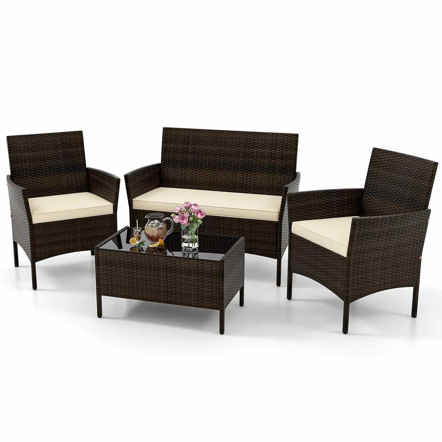 4-Piece Outdoor Rattan Patio Set – Conversation Set with Loveseat, Wicker Chairs & Tempered Glass Coffee Table