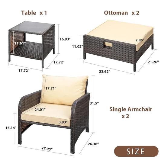 5-Piece Outdoor PE Rattan Conversation Set with Lounge Chairs & Plush Cushions