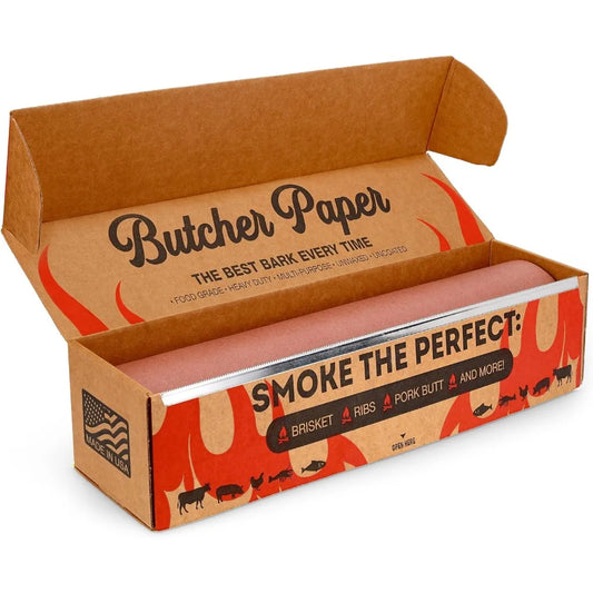 Pink Butcher Paper Roll with Dispenser Box – 18" x 175' Food-Grade BBQ Smoking Meat Wrap, Unbleached & Unwaxed