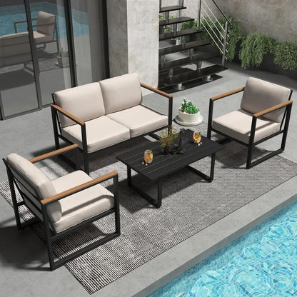 4-Piece Outdoor Patio Set, Metal Conversation Sofa with Washable Cushions, 2 Chairs & Coffee Table for Garden & Balcony