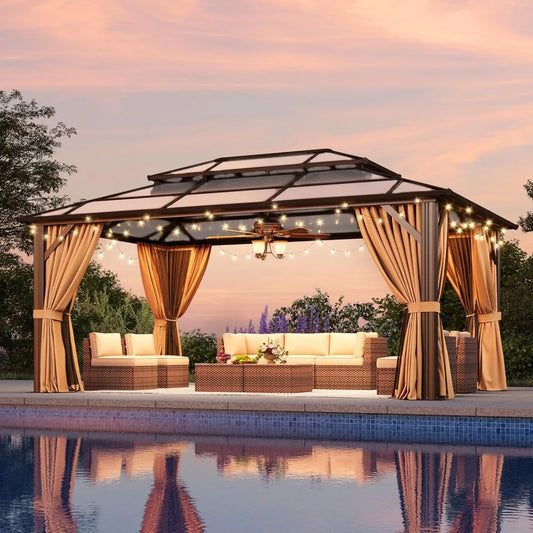 12'x16' Hardtop Gazebo, Outdoor Metal Gazebo with Double Polycarbonate Roof Canopy, Permanent Pavilion with Netting, Customized to Your Liking
