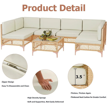 Outdoor Wicker Patio Furniture Set, Boho Sectional Conversation Sofa with Large Tempered Glass Coffee Table