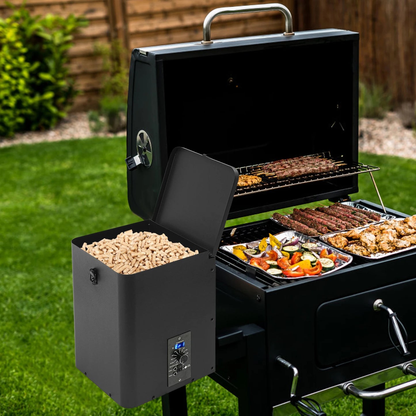 Pellet Smoker Hopper Assembly Kit – 180–450°F Precision Temperature Control with Dual-Function Wind System.