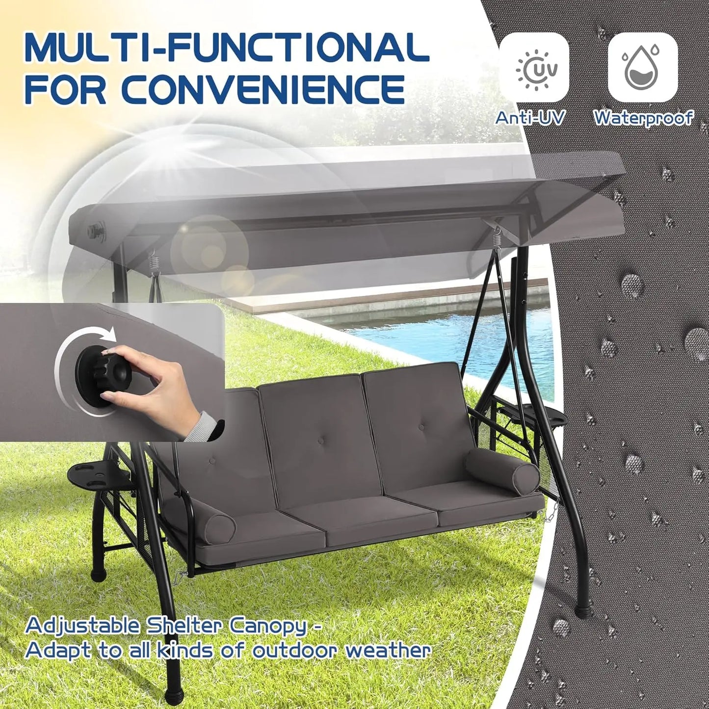 3-Seat Outdoor Patio Porch Swing Glider Bench, Adjustable Canopy, Heavy-Duty Frame with Stand, Customizable Design