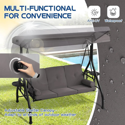 3-Seat Outdoor Patio Porch Swing Glider Bench, Adjustable Canopy, Heavy-Duty Frame with Stand, Customizable Design