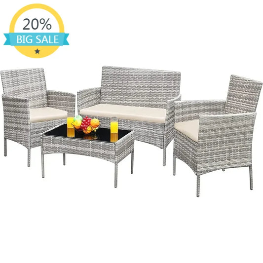 4-Piece Outdoor Patio Furniture Set, Wicker Rattan Conversation Set for Garden, Backyard & Balcony