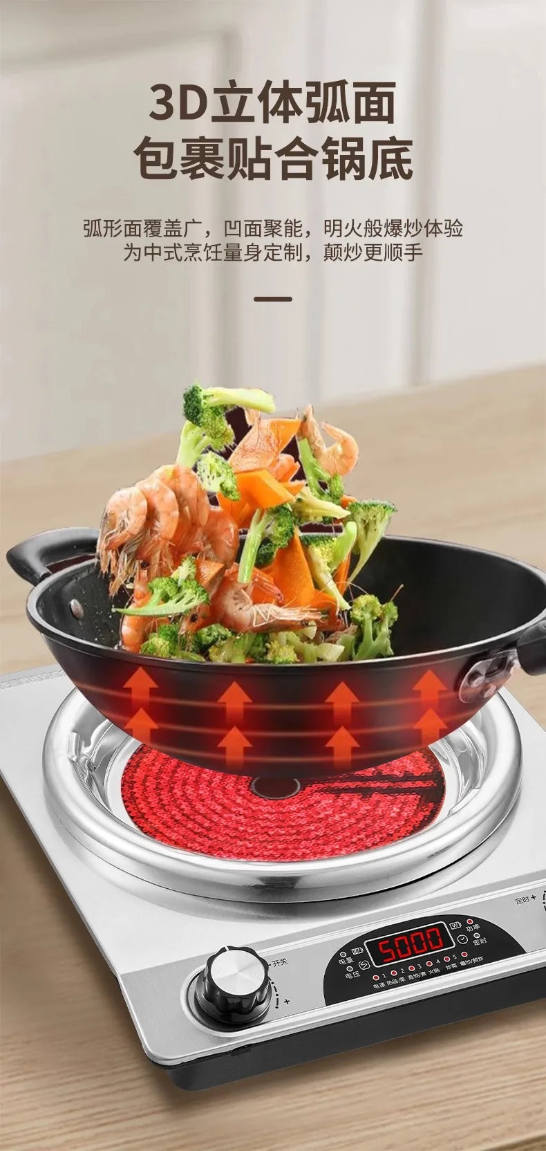 High Power Concave Induction Cooktop Ceramic Multifunctional Hot Pot BBQ Stir Fry Burner Compatible with All Pots