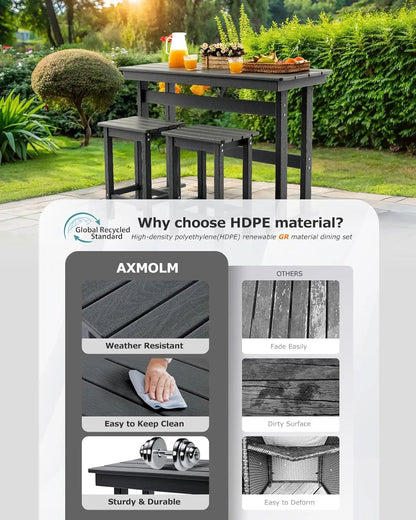 3-Piece Outdoor Bar Set – HDPE High-Top Table & 2 Chairs for Patio, Balcony, or Poolside (Gray)