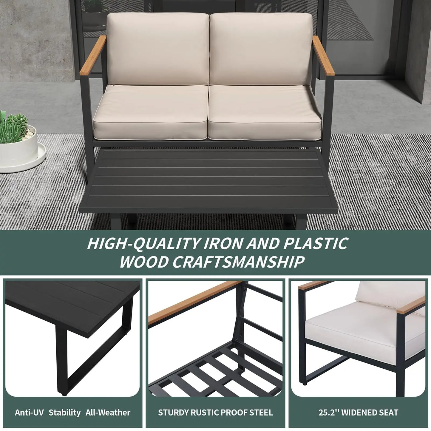 4-Piece Outdoor Patio Set, Metal Conversation Sofa with Washable Cushions, 2 Chairs & Coffee Table for Garden & Balcony
