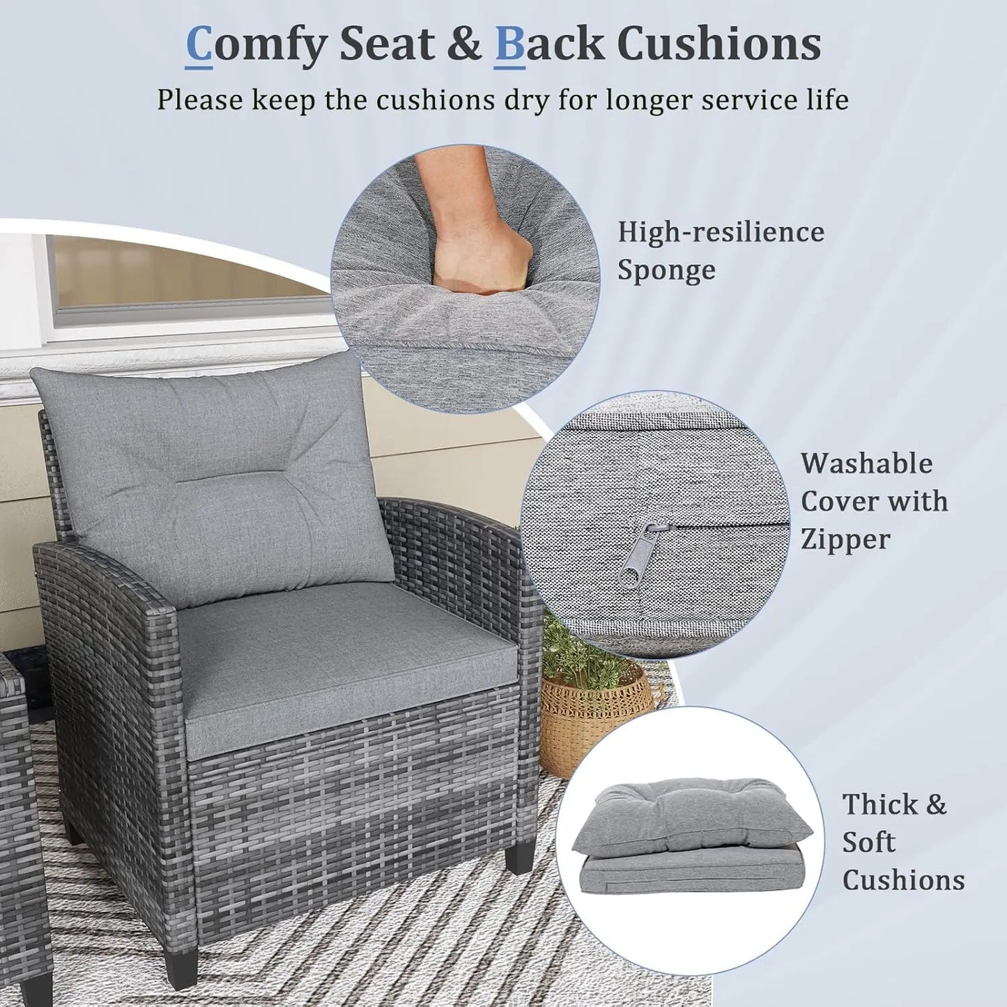 3-Piece Patio Rattan Conversation Set with Washable Cushions & Glass Table