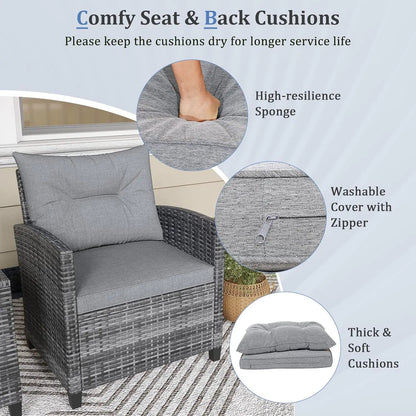 3-Piece Patio Rattan Conversation Set with Washable Cushions & Glass Table