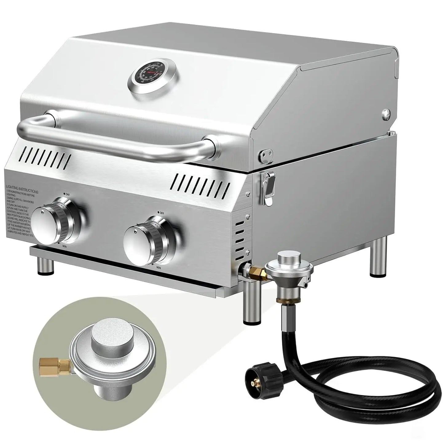 20000 BTU 2-Burner Tabletop Gas Grill – Stainless Steel Grill with Glass Lid, Portable Outdoor Cooking Grill