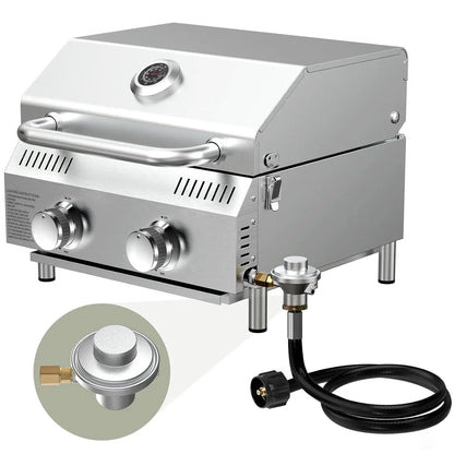 20000 BTU 2-Burner Tabletop Gas Grill – Stainless Steel Grill with Glass Lid, Portable Outdoor Cooking Grill