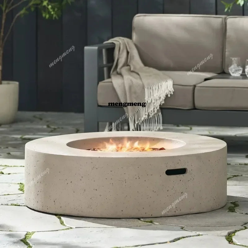 M138 Round Outdoor Concrete Propane Fire Pit-Modern Light Grey for Patio- Garden and Backyard. No Assembly Needed for Camping