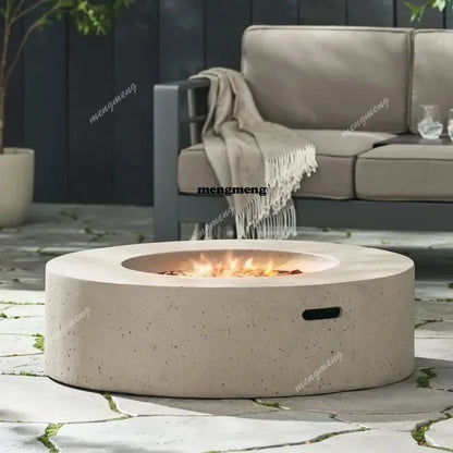 M138 Round Outdoor Concrete Propane Fire Pit-Modern Light Grey for Patio- Garden and Backyard. No Assembly Needed for Camping