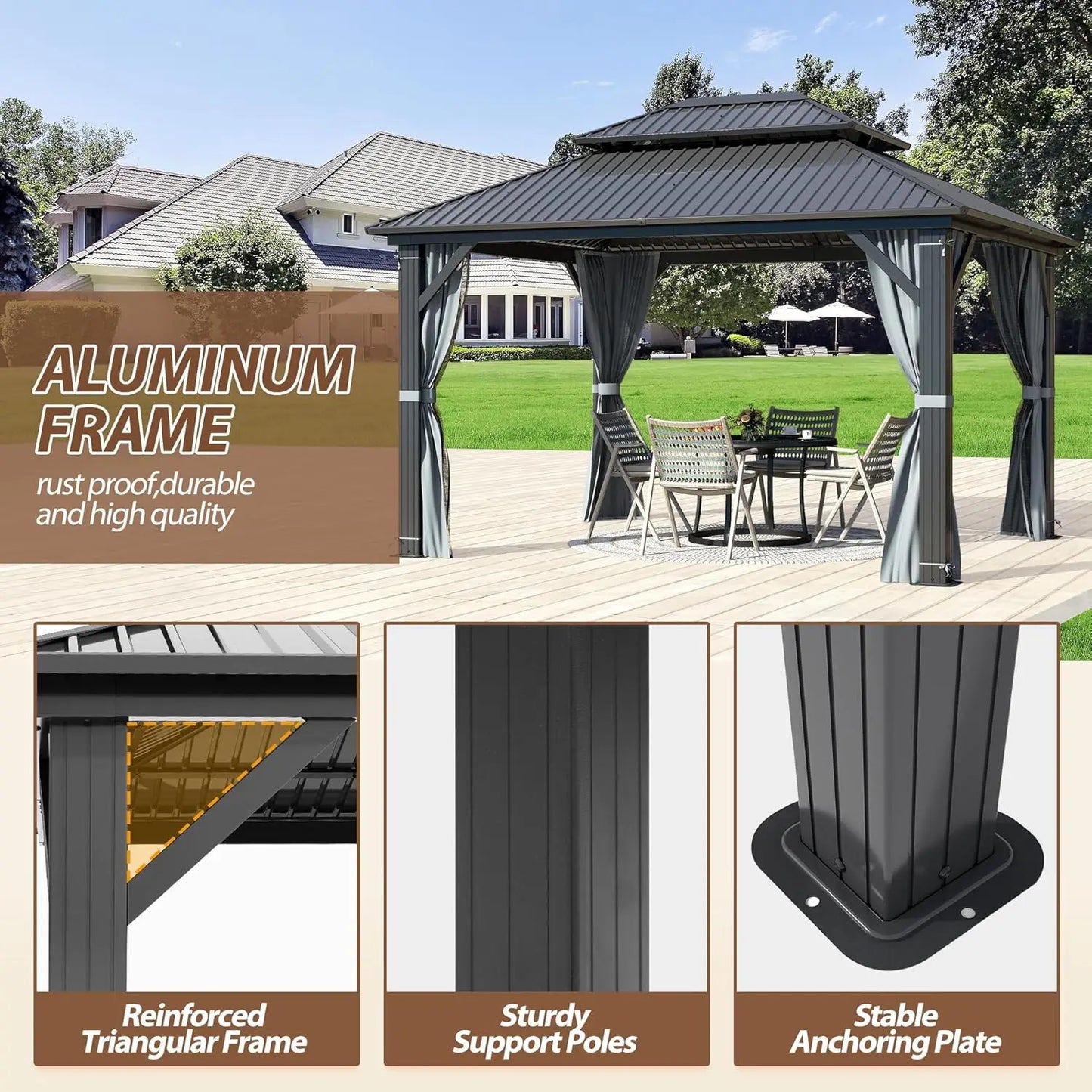 10 X 12ft Hardtop Gazebo, Galvanized Steel Double Roof Gazebo with Nettings and Curtains, Outdoor Aluminum, Customization Available to Your Liking.