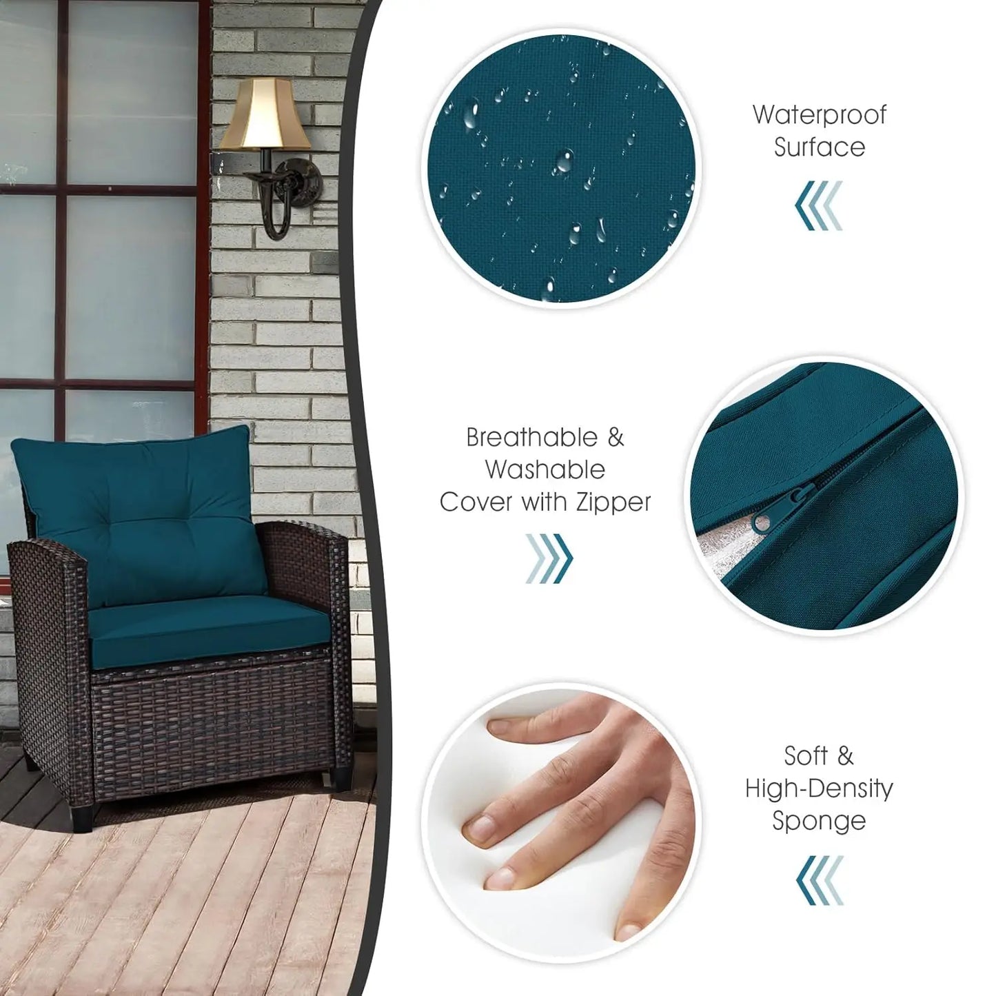 3-Piece Patio Furniture Set – PE Rattan Wicker Sofa Set with Washable Cushions & Tempered Glass Table