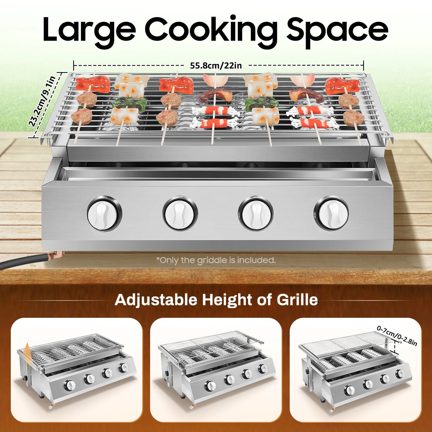 Stainless Steel Smokeless Barbecue Grill, 4 Burners, Outdoor Grill, Portable BBQ LPG Gas Removable Grill for Patio Garden.