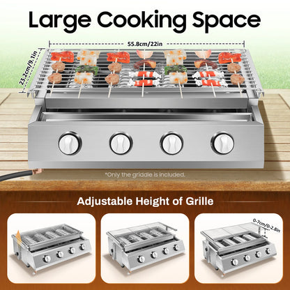 Stainless Steel Smokeless Barbecue Grill, 4 Burners, Outdoor Grill, Portable BBQ LPG Gas Removable Grill for Patio Garden.