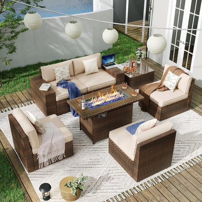 7-Piece Outdoor Patio Furniture Set, Wicker Conversation Set with 44" Fire Pit Table, Thick Cushions