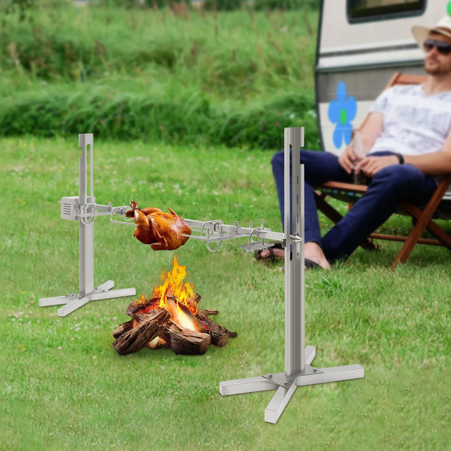 Electric Stainless Steel Rotisserie Grill – 360° Rotation, Adjustable Height for Outdoor Cooking