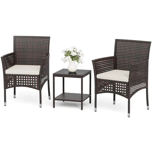 3-Piece Outdoor Patio Furniture Set, Brown/Grey, Wicker Chairs with Glass-Top Coffee Table, for Garden, Balcony & Porch