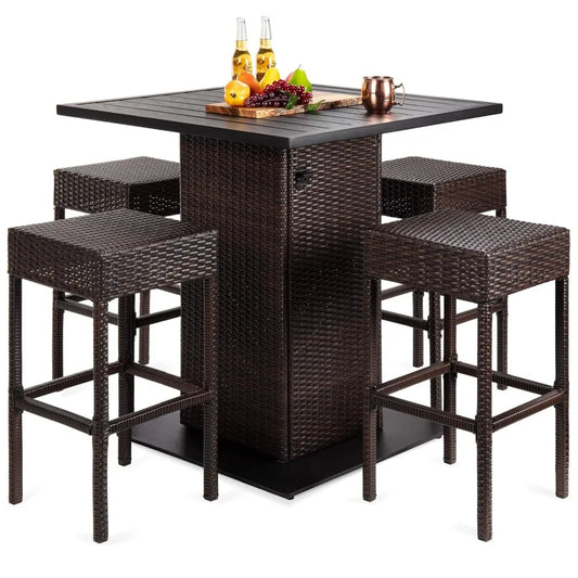 5-Piece Outdoor Rattan Bar Table & Chair Set – Built-In Bottle Opener & Hidden Storage Rack