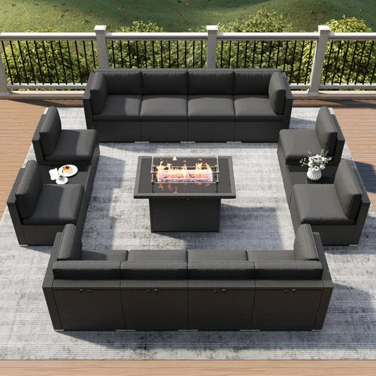15-Piece Patio Furniture Set with Fire Pit Table – Outdoor Wicker Rattan Sectional Sofa & Coffee Table