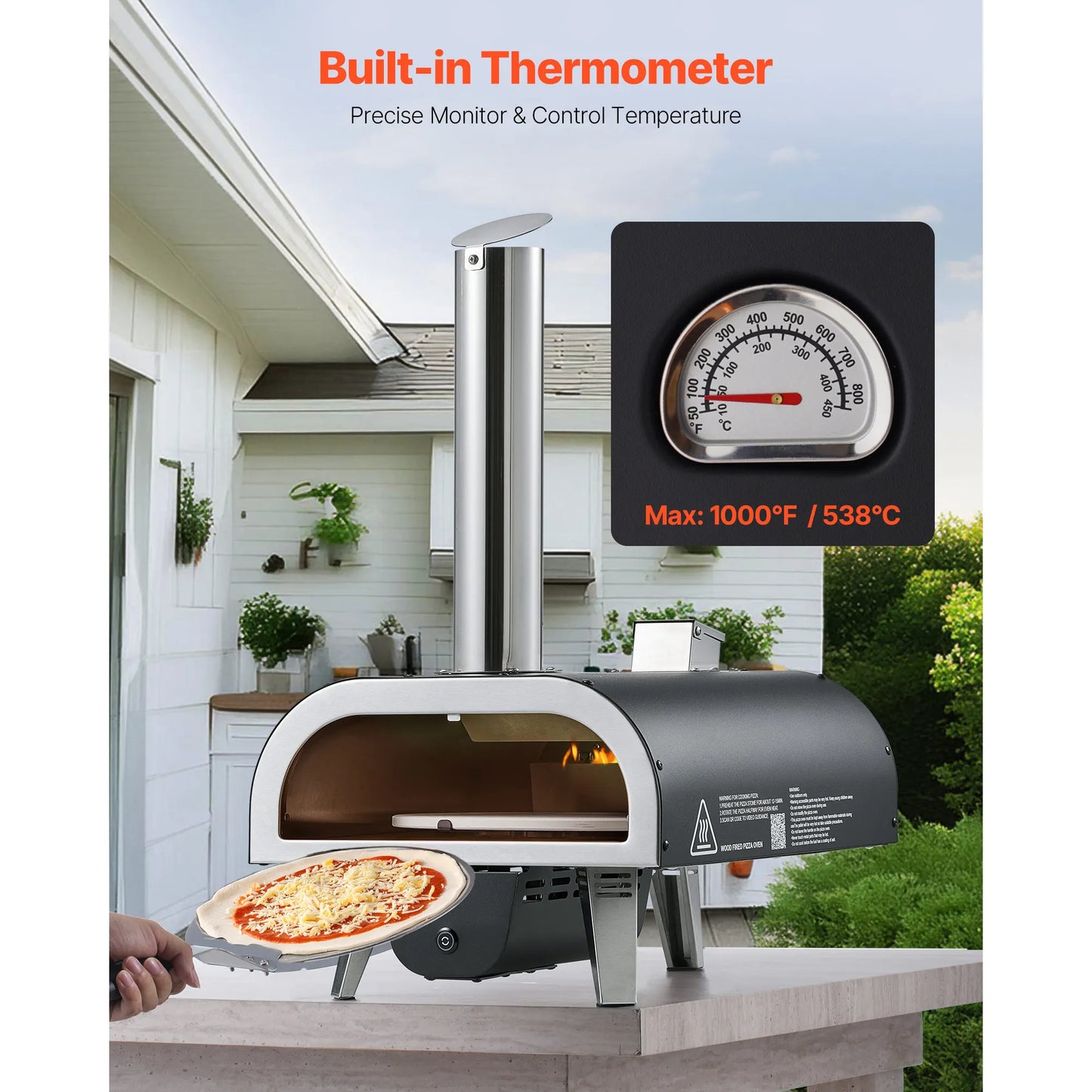SucceBuy 12" Wood-Fired Outdoor Pizza Oven – Electric Rotation with Built-In Thermometer.