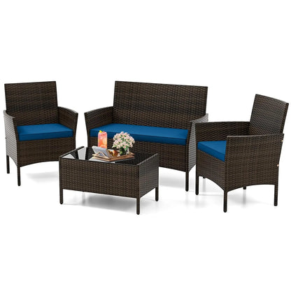 4-Piece Outdoor Rattan Patio Set – Conversation Set with Loveseat, Wicker Chairs & Tempered Glass Coffee Table