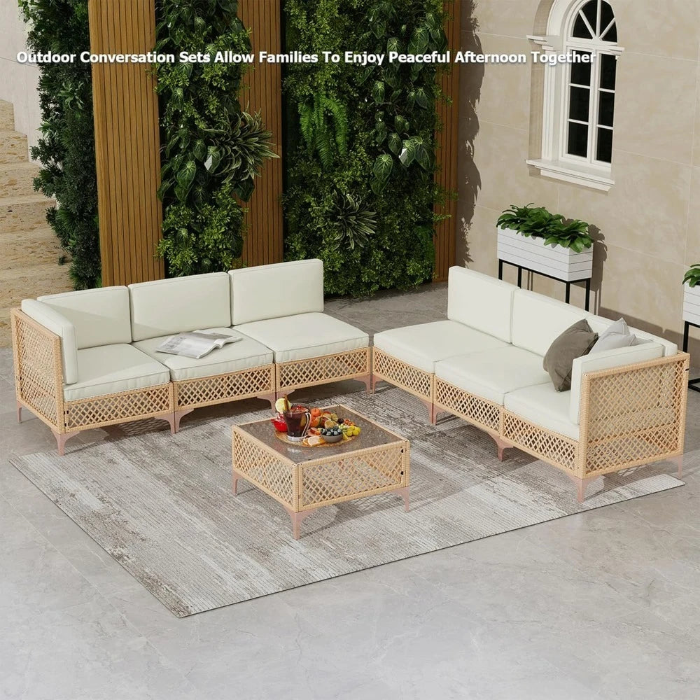 Outdoor Wicker Patio Furniture Set, Boho Sectional Conversation Sofa with Large Tempered Glass Coffee Table