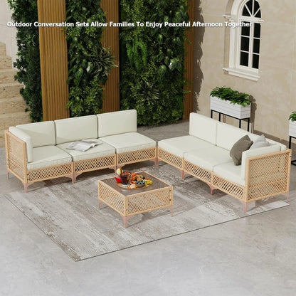 Outdoor Wicker Patio Furniture Set, Boho Sectional Conversation Sofa with Large Tempered Glass Coffee Table